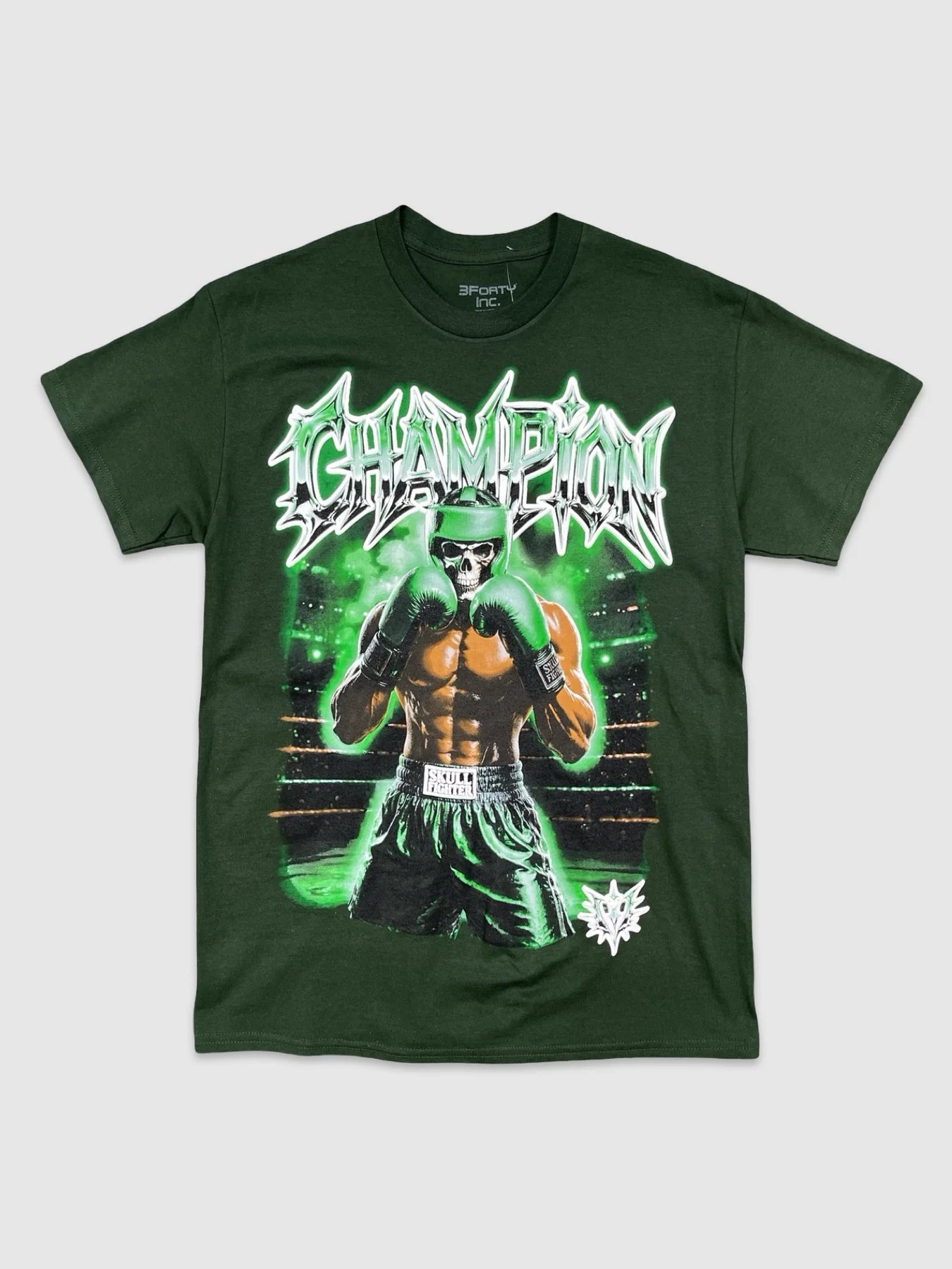 Green t-shirt with a graphic design of a boxer and text on a white background