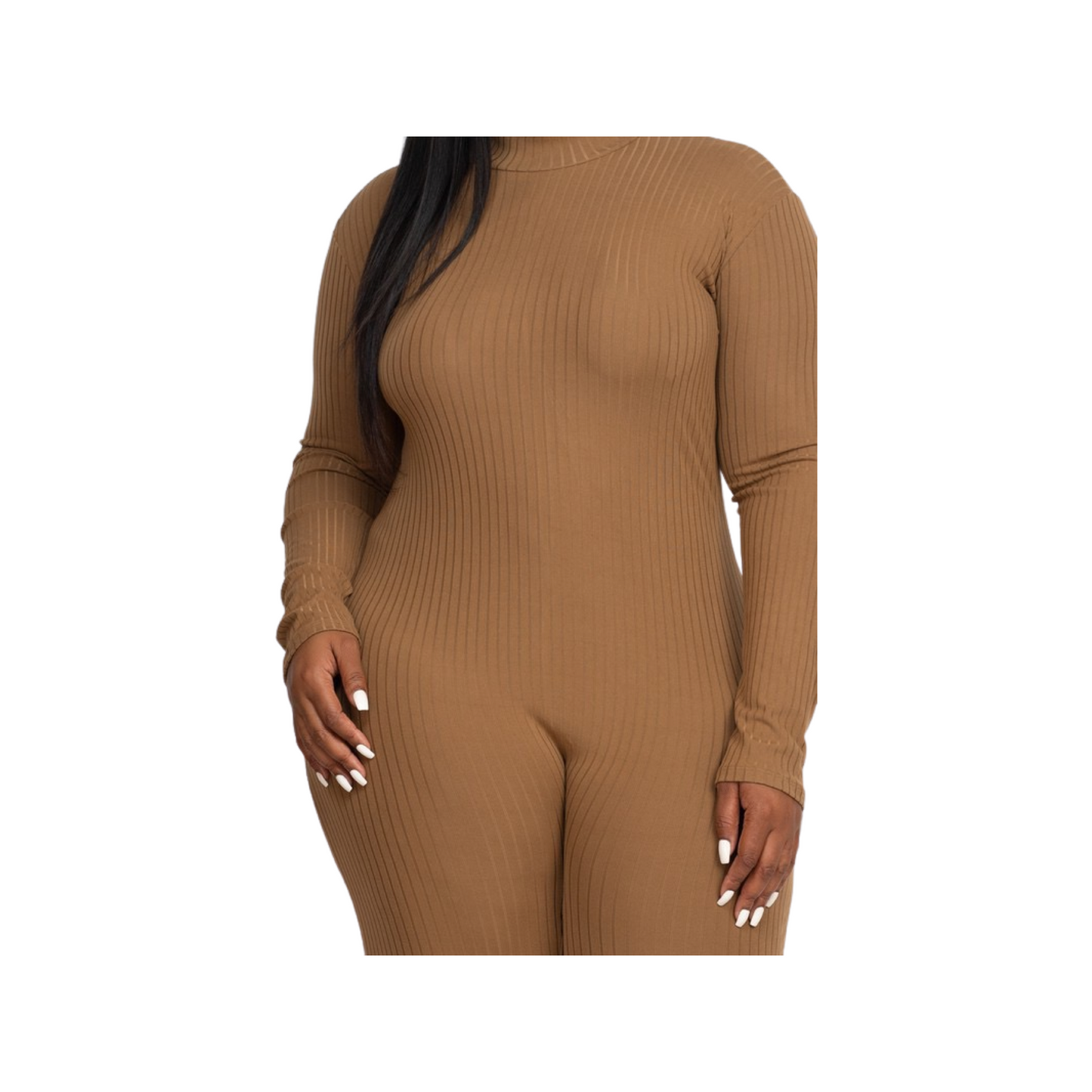 Plus Size Ribbed Mock Neck Long Sleeve Back Zip-Up Casual Romper