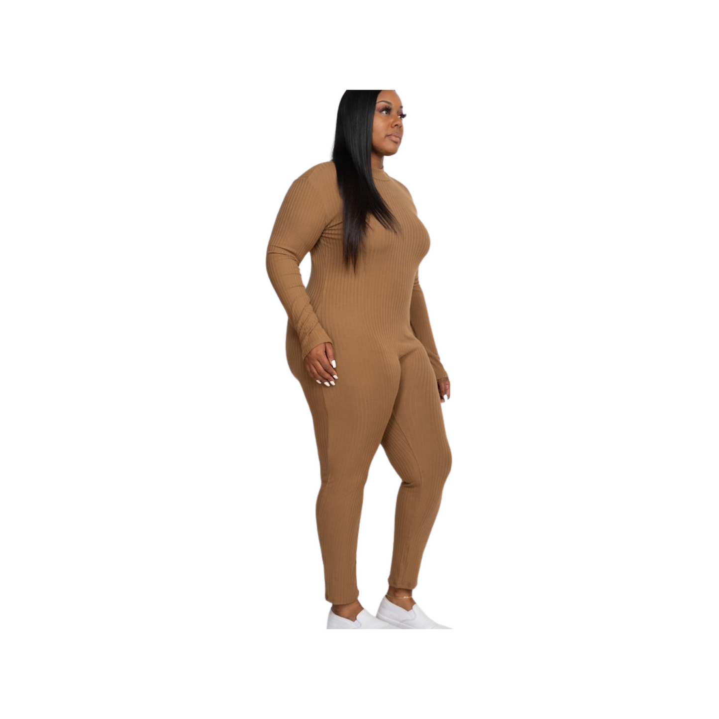 Plus Size Ribbed Mock Neck Long Sleeve Back Zip-Up Casual Romper