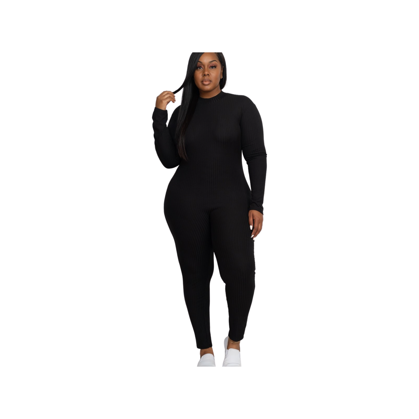 Plus Size Ribbed Mock Neck Long Sleeve Back Zip-Up Casual Romper