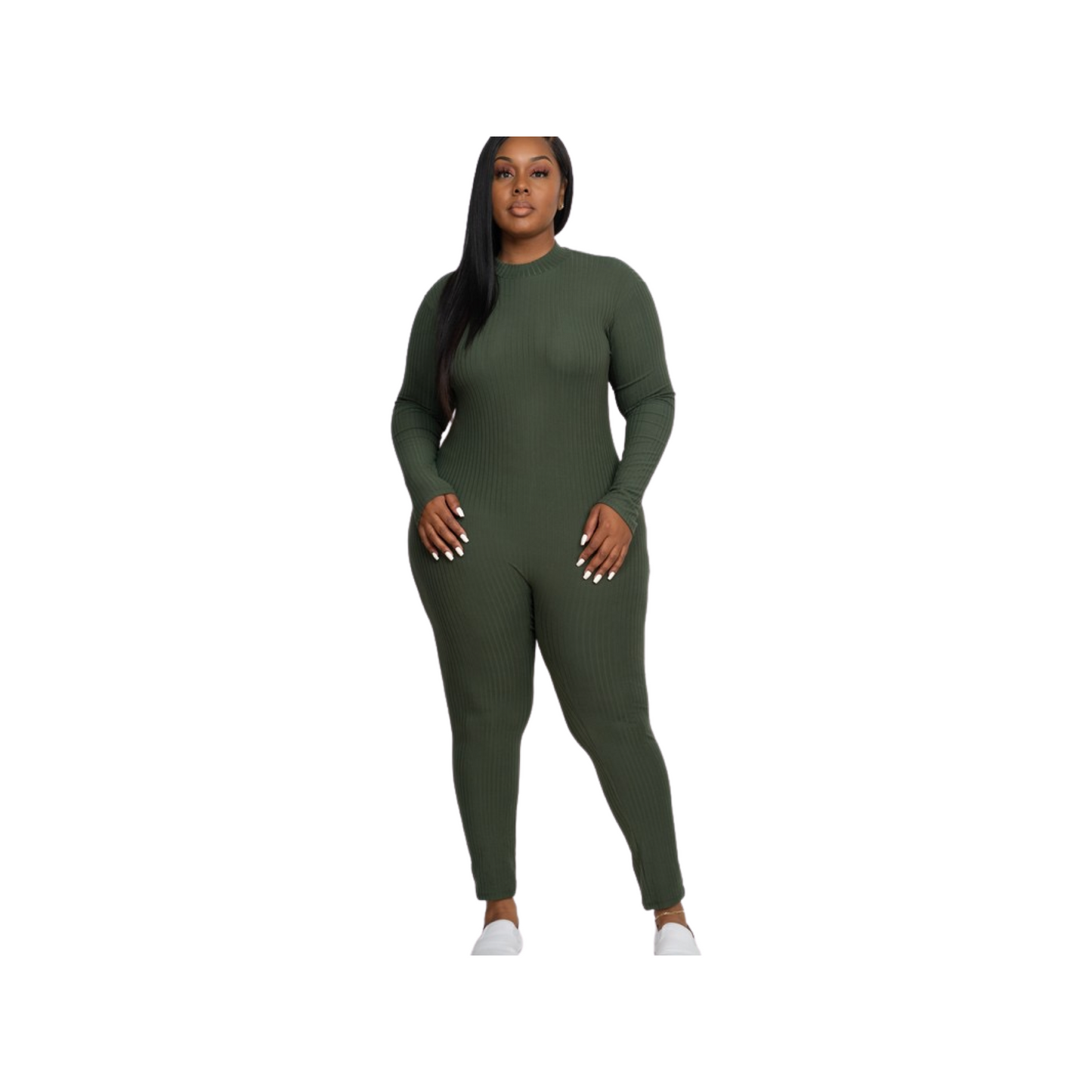 Plus Size Ribbed Mock Neck Long Sleeve Back Zip-Up Casual Romper