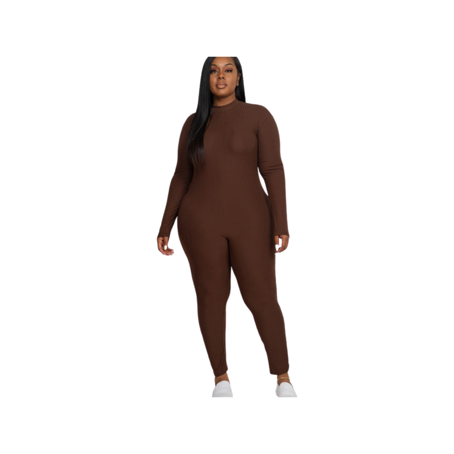 Plus Size Ribbed Mock Neck Long Sleeve Back Zip-Up Casual Romper