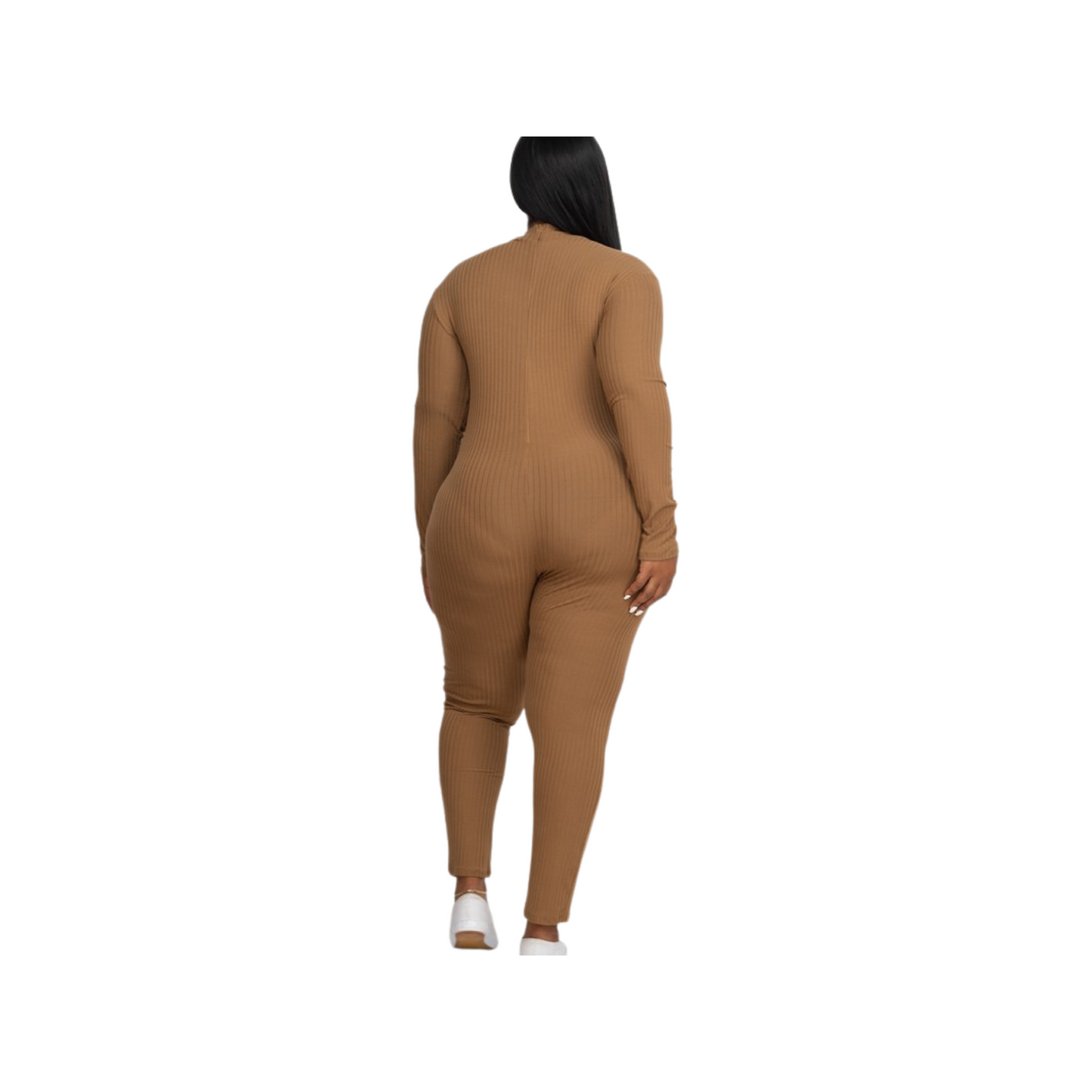 Plus Size Ribbed Mock Neck Long Sleeve Back Zip-Up Casual Romper