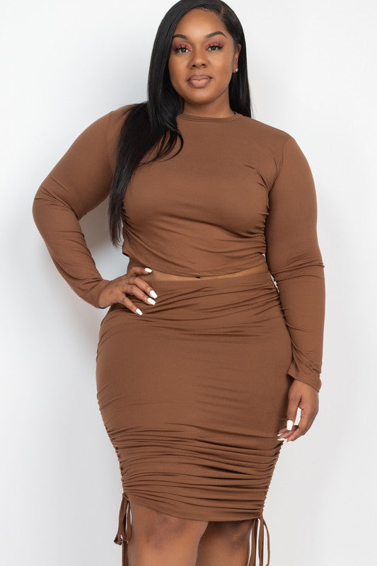Plus Size Ruched Crop Top & Drawstring Skirt Set