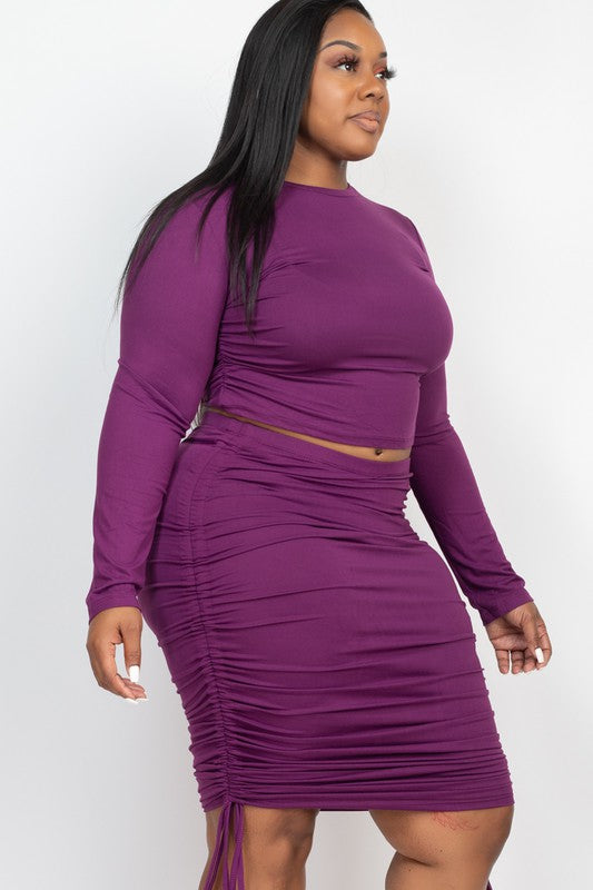 Plus Size Ruched Crop Top & Drawstring Skirt Set