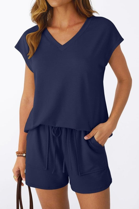 Womens V Neck Tee And Shorts Lounge Set Summer