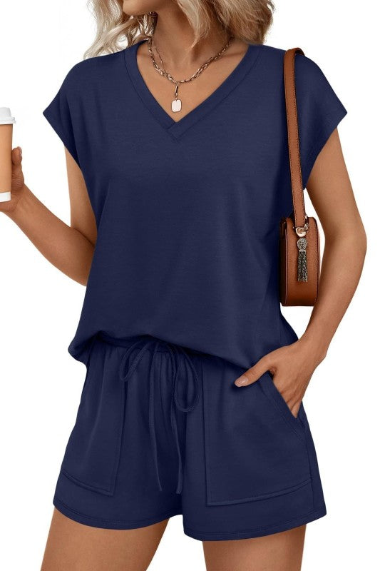Womens V Neck Tee And Shorts Lounge Set Summer
