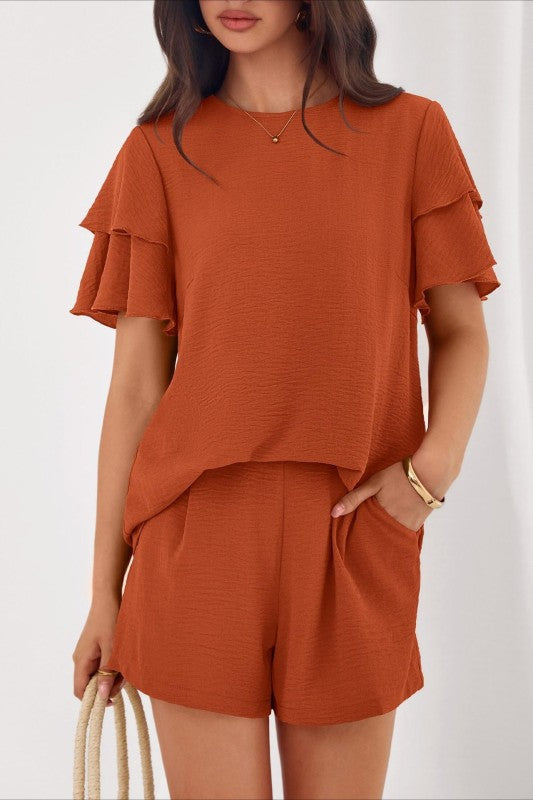 Casual Short Sleeve Top And Shorts Set