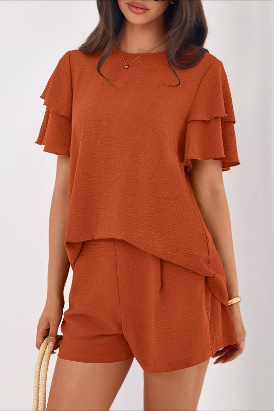 Casual Short Sleeve Top And Shorts Set