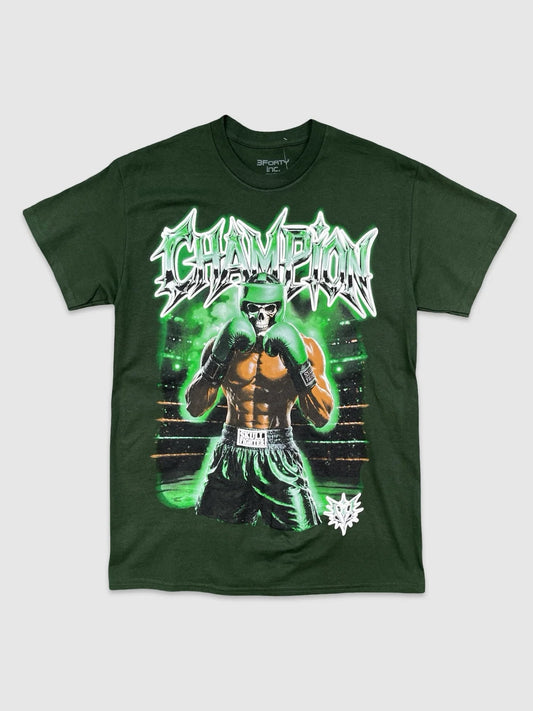 Green t-shirt with a graphic design of a boxer and text on a white background