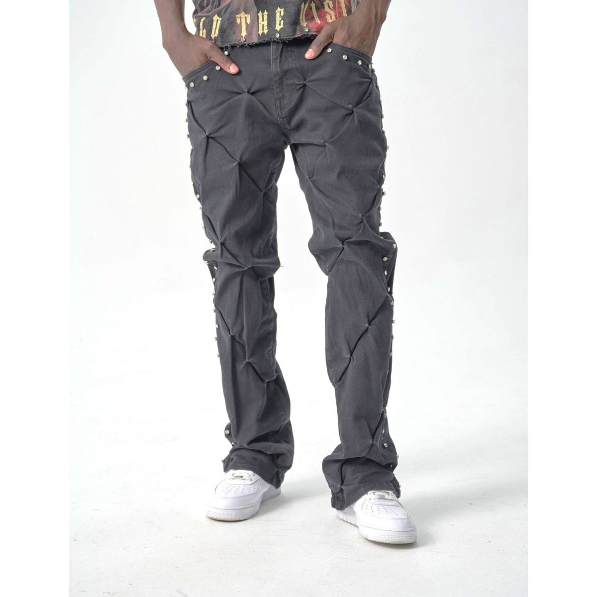 FLARE FIT DENIM WITH PLEAT & RHINESTONES