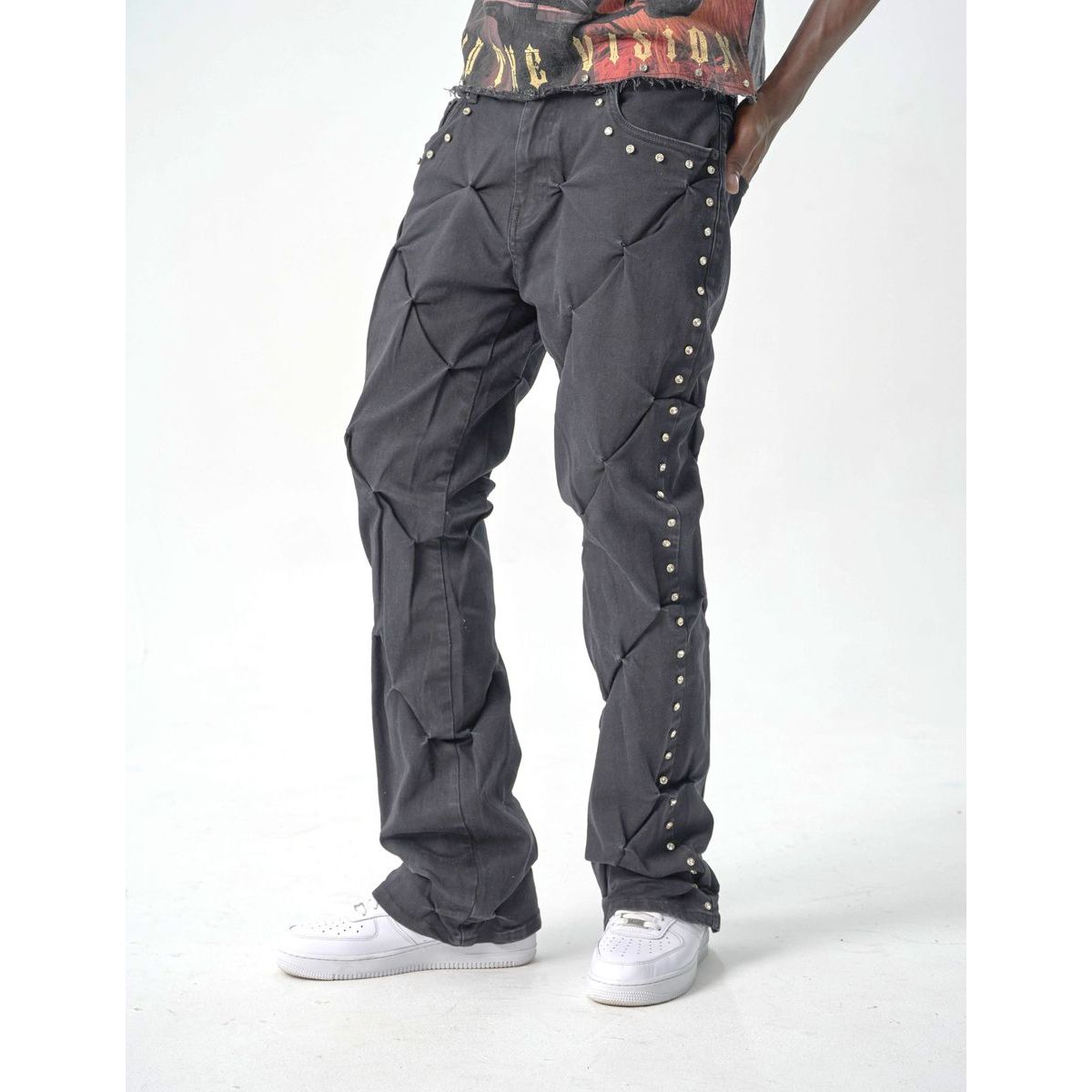 FLARE FIT DENIM WITH PLEAT & RHINESTONES