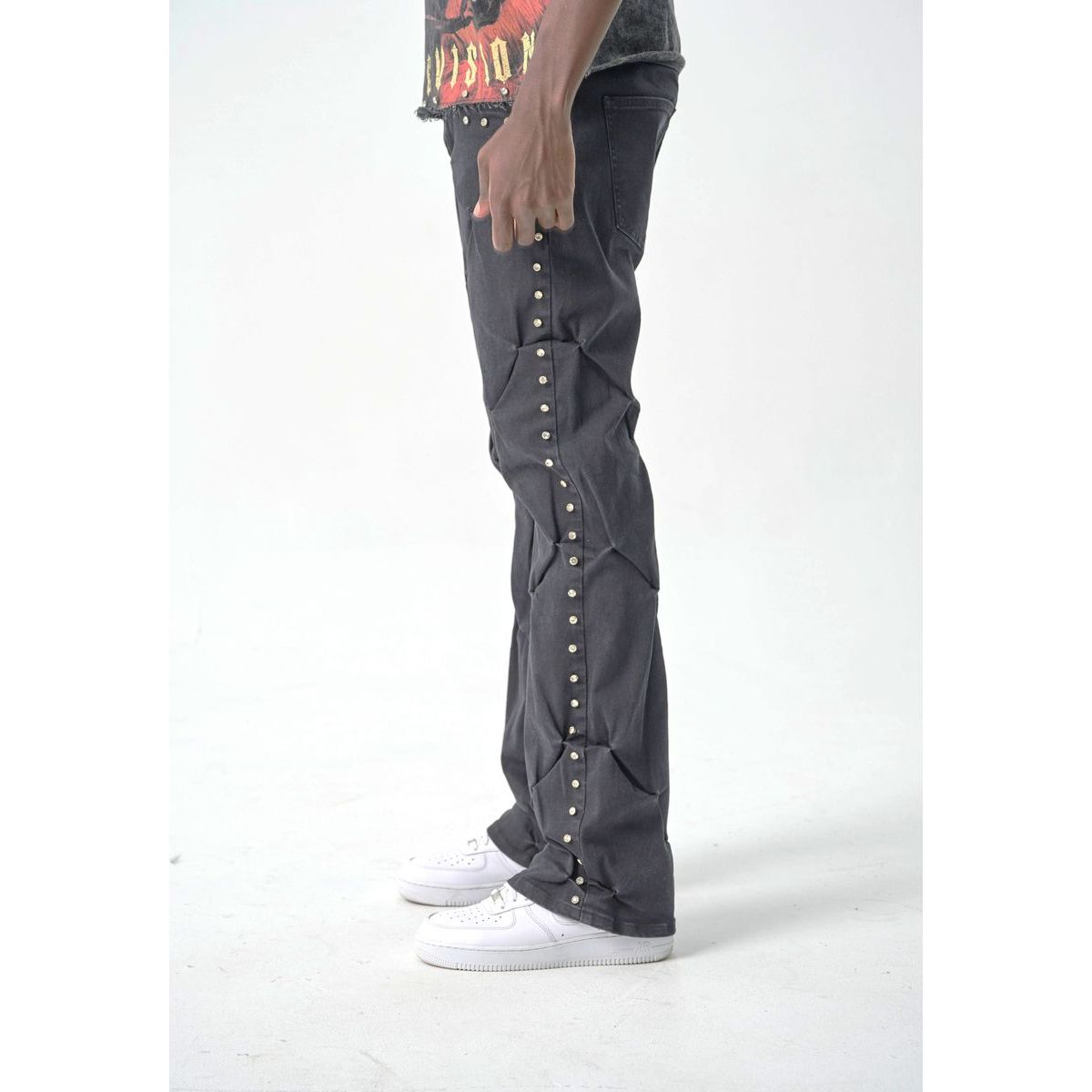 FLARE FIT DENIM WITH PLEAT & RHINESTONES