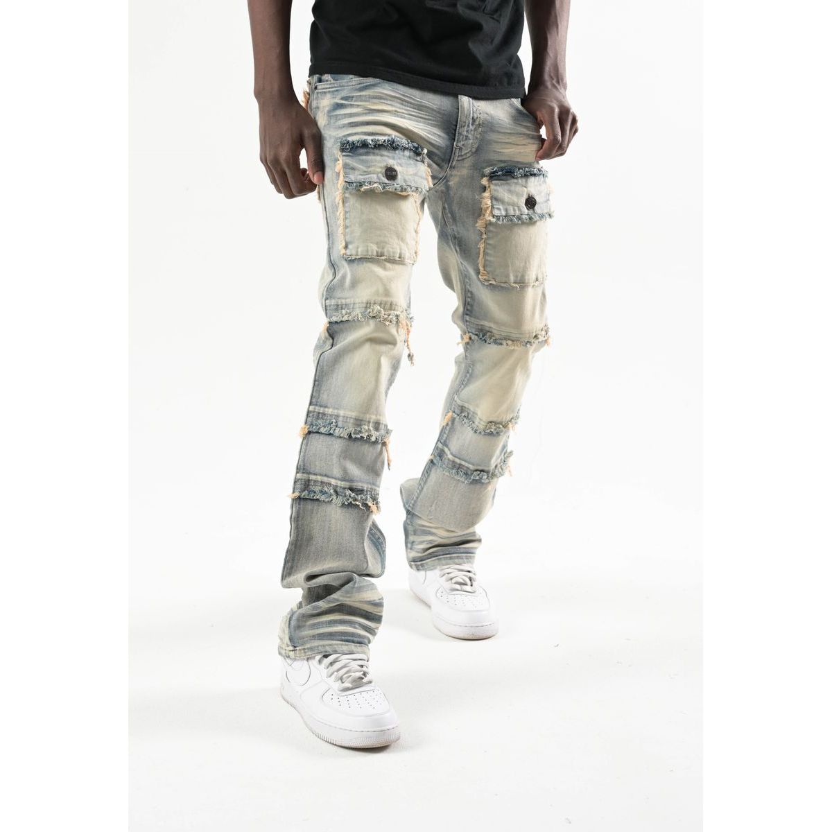 STRETCH STACK PANTS WITH FRAYED POCKETS