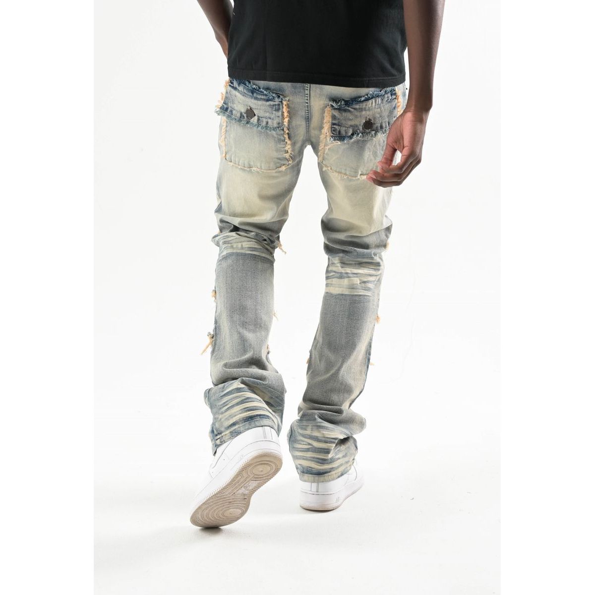 STRETCH STACK PANTS WITH FRAYED POCKETS