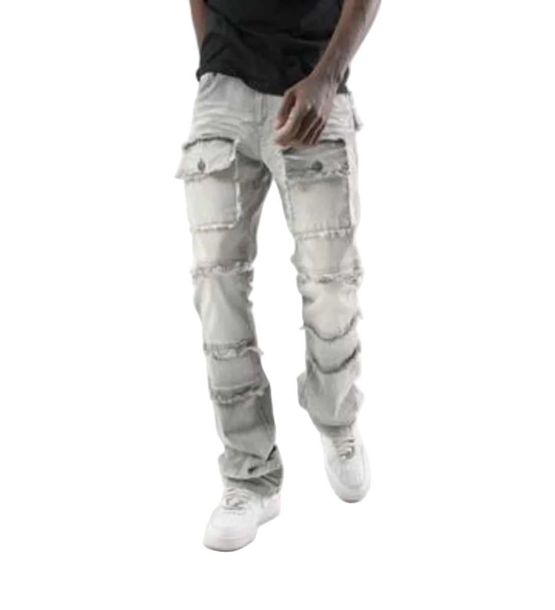 STRETCH STACK PANTS WITH FRAYED POCKETS