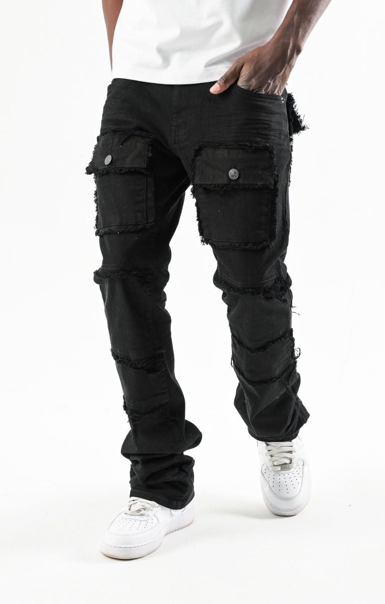 STRETCH STACK PANTS WITH FRAYED POCKETS