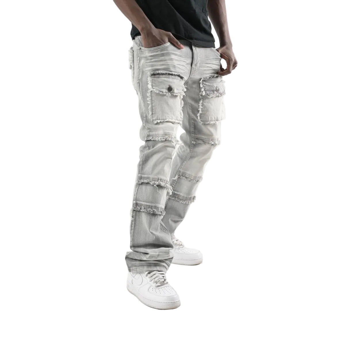 STRETCH STACK PANTS WITH FRAYED POCKETS