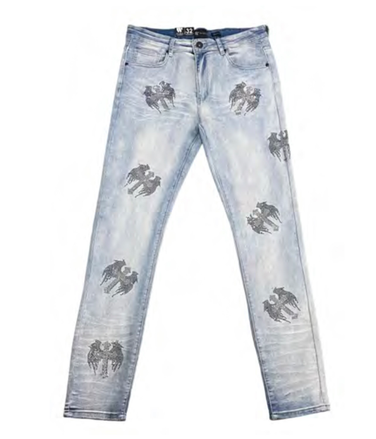 Rhinestone Cross Wing Denim Jeans