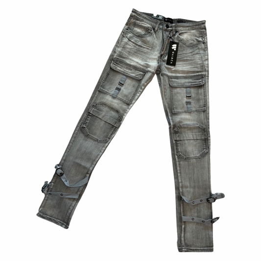 Grey Denim Pocket Strap Jeans